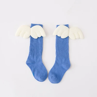 Дышащие хлопковые чулки для девочек, длинные носки для мальчиков, детские гольфы, детские чулки, носки для малышей с объемными крыльями ярких цветов для детей 1-8 лет - Цвет: light blue