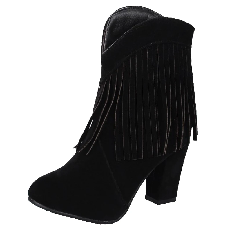 SJJH Women Nubuck Ankle Boots with Round Toe Chunky Fringe Suede Short Martin Boots Fashion Sweet Roman Shoes Large Size Q368