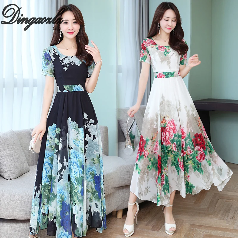 

Dingaozlz Lady Holiday Summer Dress Women Round Collar Short Sleeve Floral Print Long Chiffon Dresses Big Swing Vestidos S-XXXL