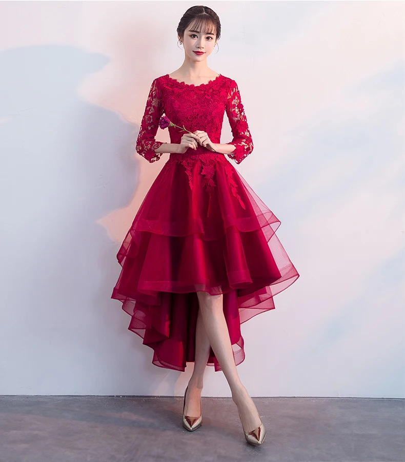 Элегантное Тюлевое вечернее платье с 3/4 рукавом, бордовое кружевное вечернее платье с аппликацией, красные вечерние платья