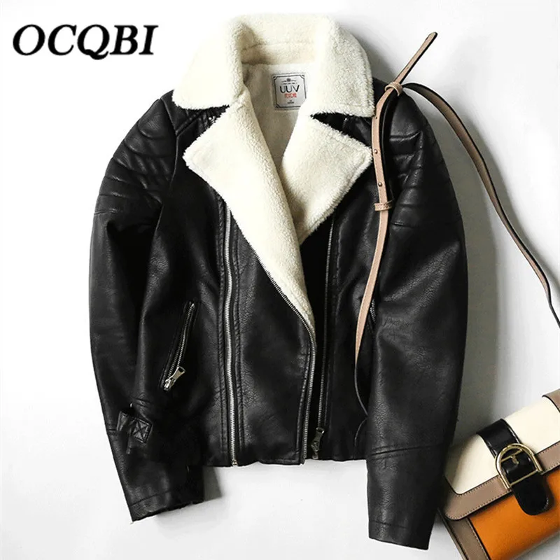 

2019 Winter Ladies Coats and Jackets Fashion Slim Fleece Short Black Bomber PU Jacket Korean Style