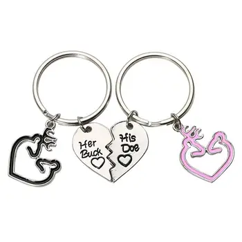 

2 Pcs Romantic Her Buck His Doe Key Ring Deer Heart Couple Keychain Bag Decor