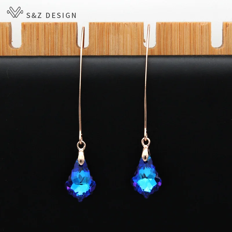 S&Z DESIGN New 585 Rose Gold Color Long Colorful Water Drop Crystal Dangle Earrings For Women Wedding Fashion Party Gift