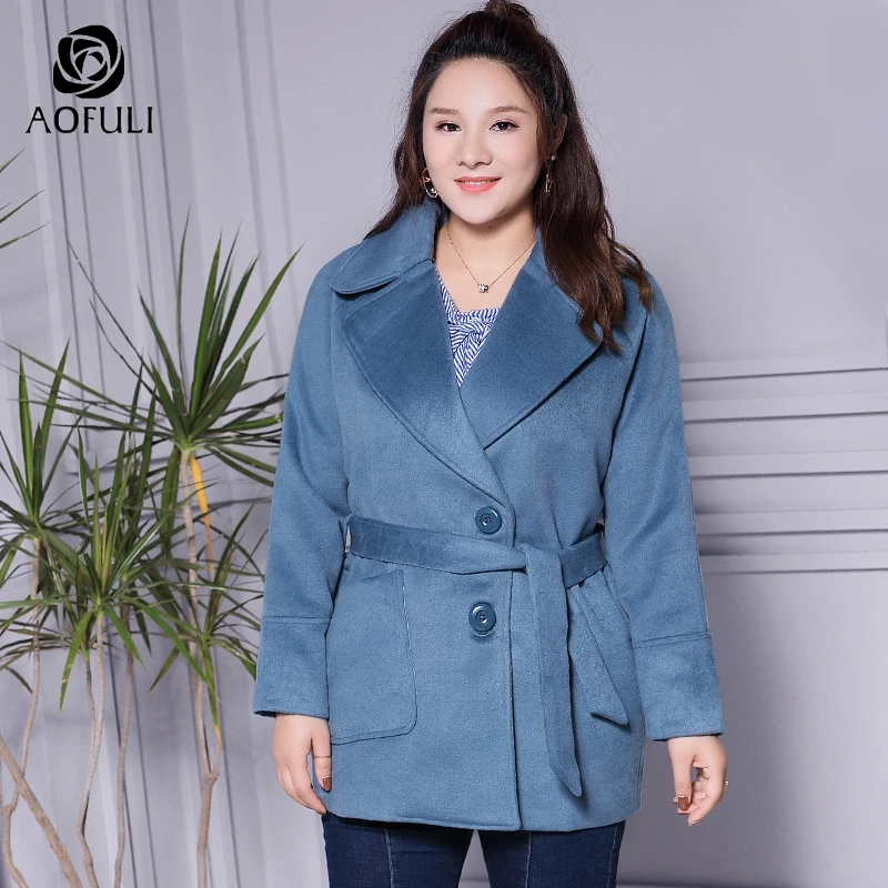 

AOFULI S- 4XL 5XL Big Size Women Blue Coat Long Sleeves Winter Fashion Warm Pocket Overcoat Plus Size Long Tops With Belt A3875