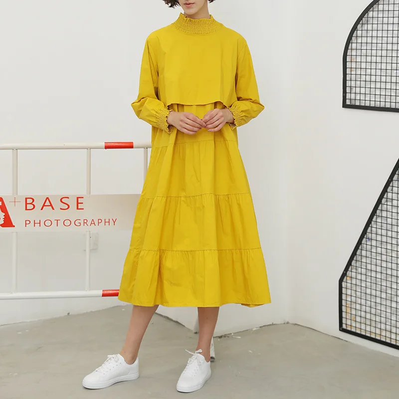 

European Station 2019 Spring New Women's Clothing Pure Color Loose Big Code Show Thin Closing Long Sleeve Black A Dress Woman