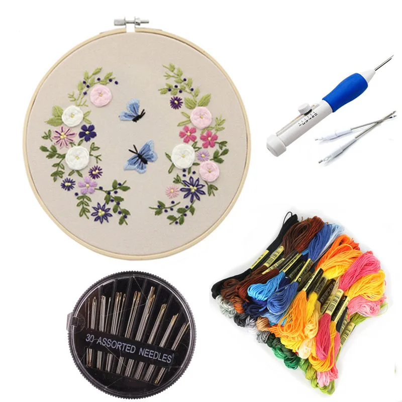 

Europe Diy Ribbon Embroidery Set Pre-Printed Needlework with Embroidery Hoop Hook Needles Multicolor Thread for Beginners Women