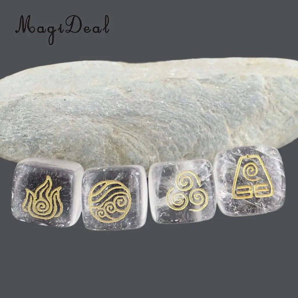 MagiDeal Delicate 4Pcs Natural Powder Crystal Stone Polished Fire Water Wind Soil Engraved Runes for Room House Office Decor