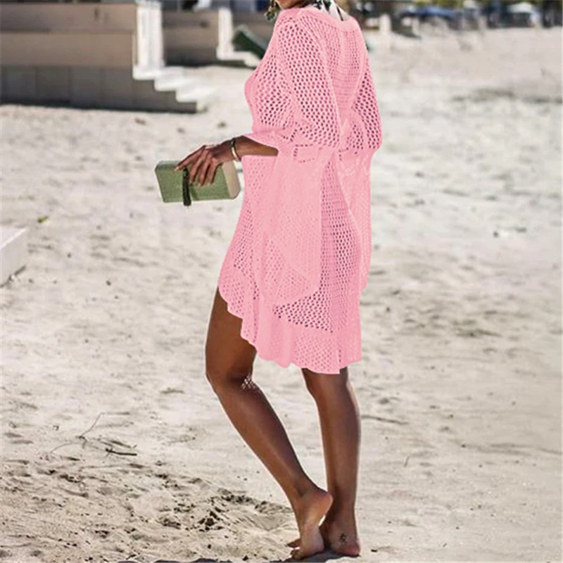 Women's Sexy Pink Crochet Tunic Cover-Ups