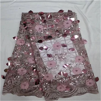 

3D Flower Sequins Net Lace pink Fabric beads High Quality African Mesh Wedding Bride Dress Sewing Sequined Embroidered Material