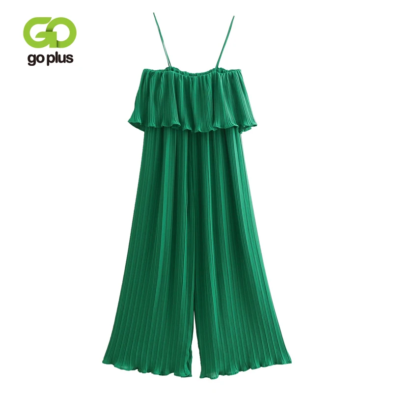 

GOPLUS Green Rompers Womens Jumpsuit Ruffle SLeeveless Strap Chiffon Pleated Jumpsuits Long Wide Leg Overalls Plus Size C7555