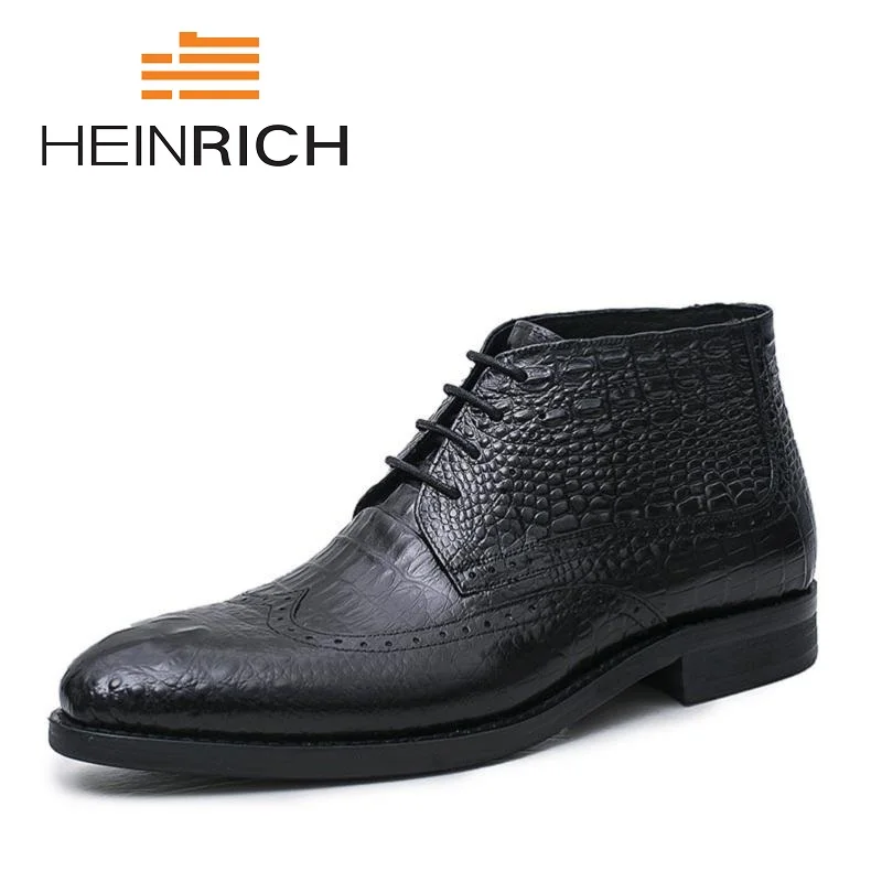 

HEINRICH Brand Designer Crocodile Style Mens Cowboy Boots Genuine Leather Business Pointed Toe Lace-Up Men Shoes Tenis Feminino