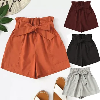 

New Summer Shorts women Pocket Polyester High Waist Knee Length Solid Casual Summer Sport Trousers Bow Drawstring feminino