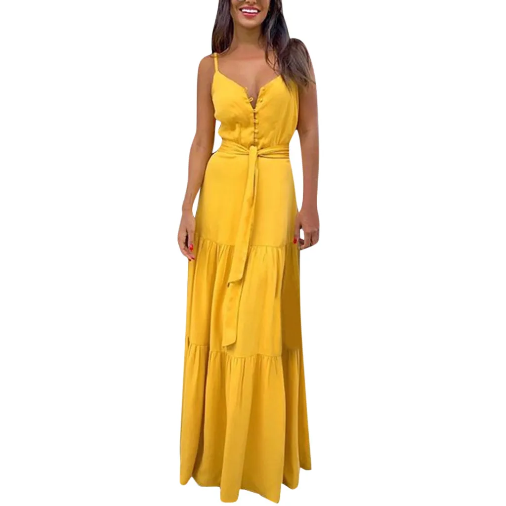 JAYCOSIN, новое летнее женское платье, бохо, без рукавов, на бретелях, v-образный вырез, бандаж, на тонких бретелях, вечерние, длинное платье, vestidos 9613 - Цвет: Yellow