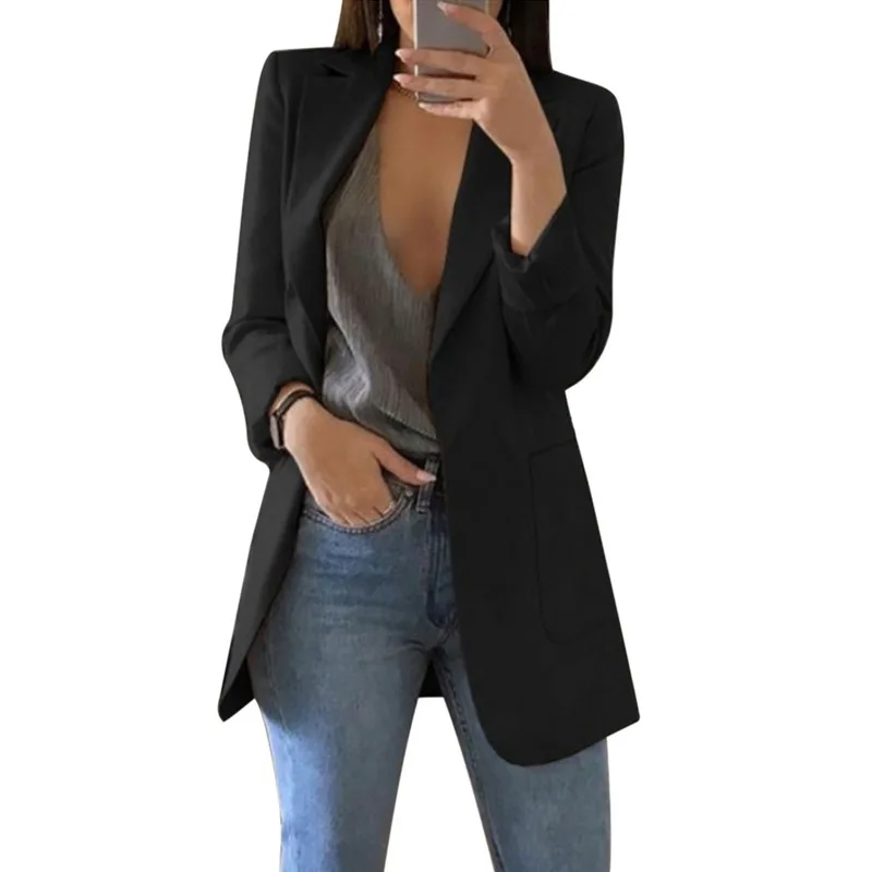 CALOFE Women Long Sleeve Solid Color Turn-down Collar Coat Lady Business Suit Cardigan Jacket Suit Femme Blazer Slim Top 2019
