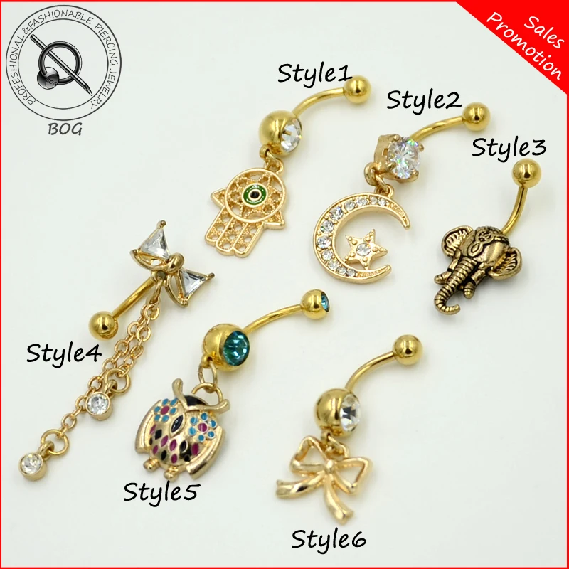 

BOG-Lot 1 Piece Gold Buddha Moon&Star Reverse Boknot Elephant Owl Belly Button Ring Navel Piercing Nombril Ombligo Body Jewelry