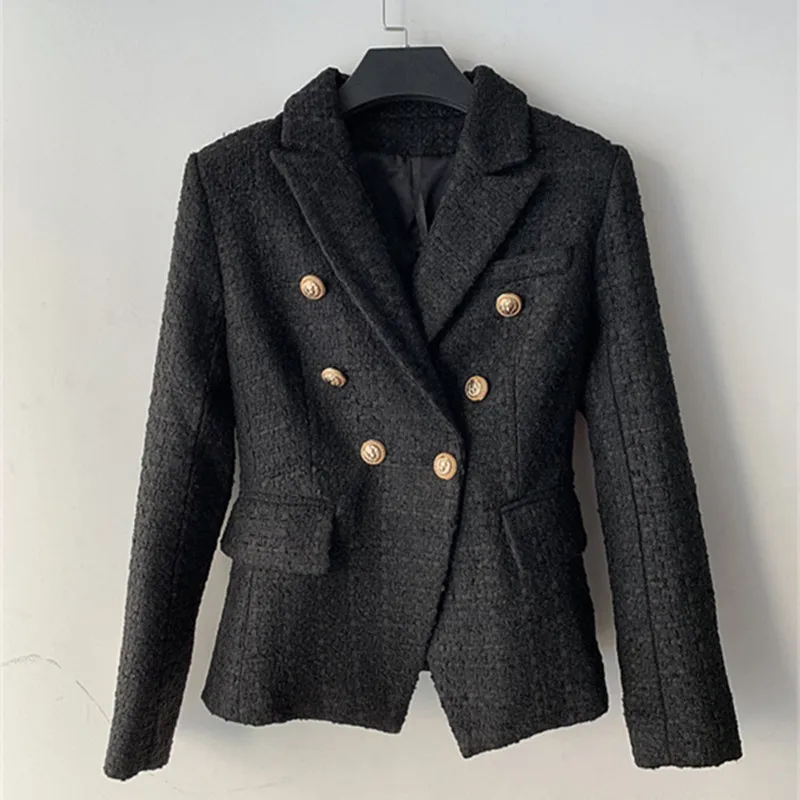 

2019 High Quality Women Tweed Jacket Coat Autumn Fashion Lion Button Double Breasted Lapel Long Sleeve Slim Overcoat X377