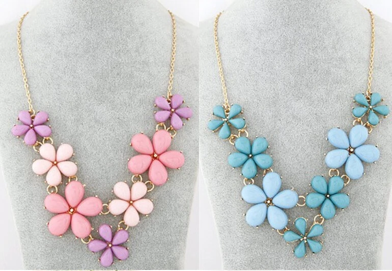 

2015 Big Flower Choker Necklace Pink Blue Colorful Glod Chain Plant Resin Statement Necklaces&Pendant For Women Fashion Jewelry