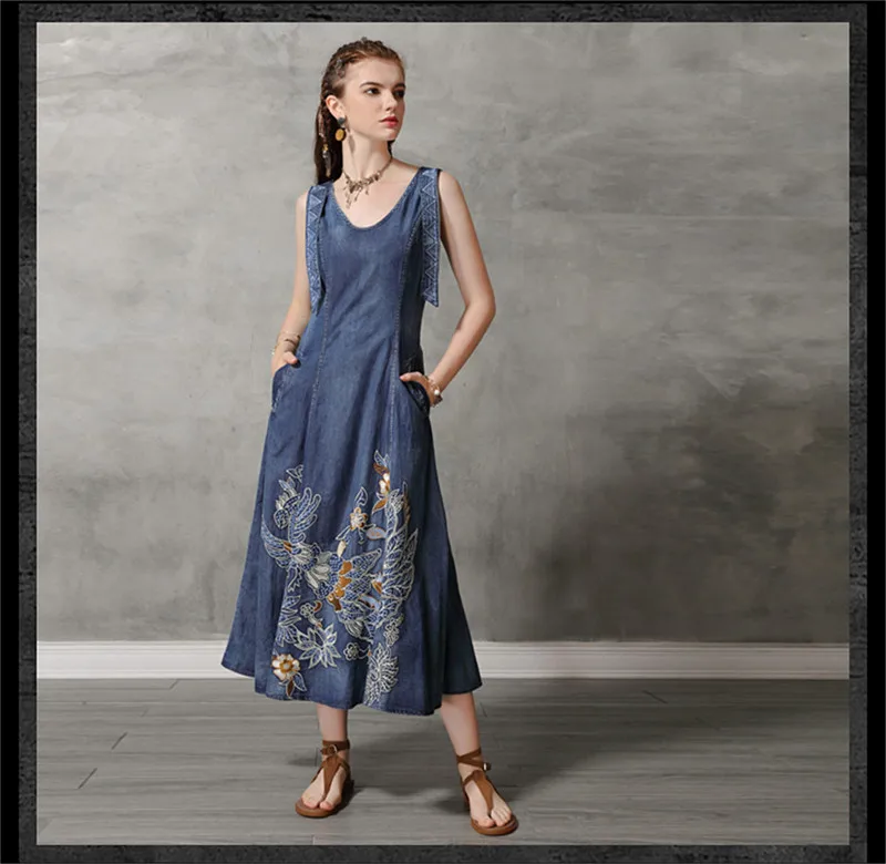 Summer Tank Dress 2019 Vintage Cotton Women's Denim Dresses O-Neck Sleeveless Woman Embroidery Swing Hem Sundress Ke82168 (6)