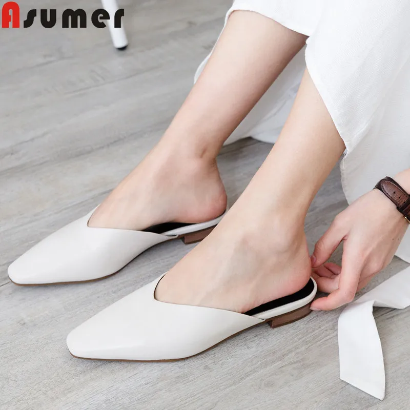 

ASUMER 2019 new shoes woman square toe shallow genuine leather shoes women Casual mules shoes comfortable flats women