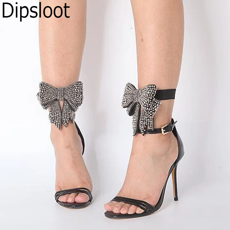 

Summer Women Removable Crystal Bling Bowtie Elastic Band Sandals Shiny Leather Strappy Open toe Thin Heels Ankle Strap Sandals