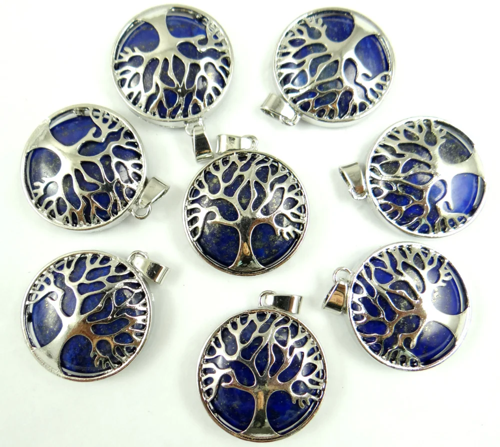 Pendentif en pierre naturelle Quartz lapis, couleur argent turquoise, arbre de vie en forme ronde, etc. pour la fabrication de collier, bijoux à bricoler soi-même