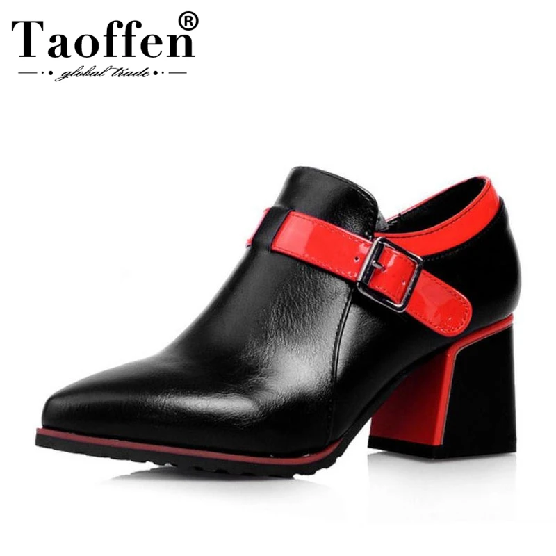 

Taoffen High Heel Shoes Patent Leather Lady Pumps Women Shoes Pointed Toe Shoes Women Spring Buckle Block Heels Plus Size 31-43