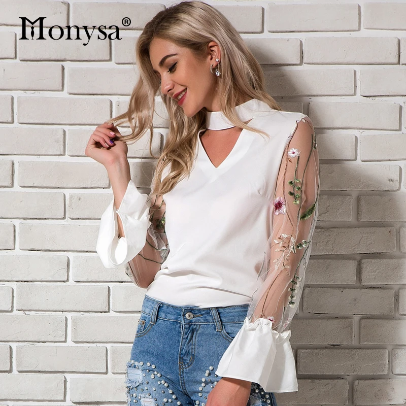 Blusas blancas con bordado de chifón para mujer primavera 2018 novedad de verano Tops de malla cuello en V y manga blusa Floral negra para mujer|Blusas y camisas| - AliExpress