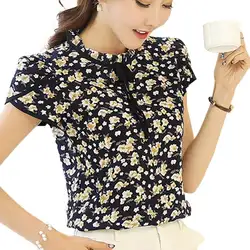 2017 Женская блузка летняя шифоновая рубашка с цветочным принтом с оборками и воротником-бабочкой, топы с короткими рукавами и лепестками