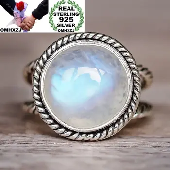 

OMHXZJ Wholesale European Fashion Woman Man Party Wedding Gift Silver White Round Moonstone 925 Sterling Silver Ring RR74