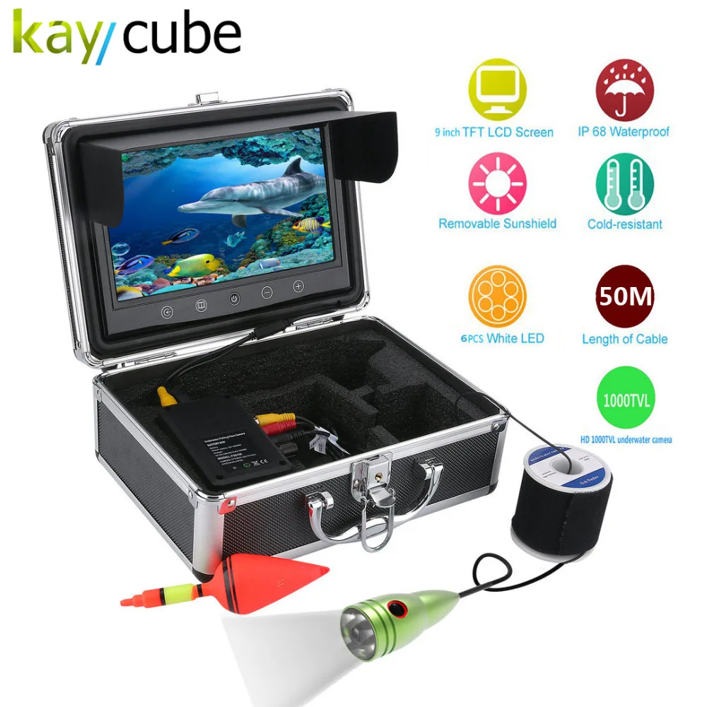 

Kaycube 9" Inch Color Monitor 50M 1000tvl Underwater Fishing Video Camera Kit 6 LED Watherproof Ocean/Ice/Lake Fishing diving