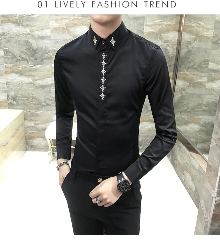 

Men Shirt New Arrival Embroidery Flower Fashion Solid Color Individual Shirt Work Clothes Leisure Long Sleeve Slim Fit Shirt Men