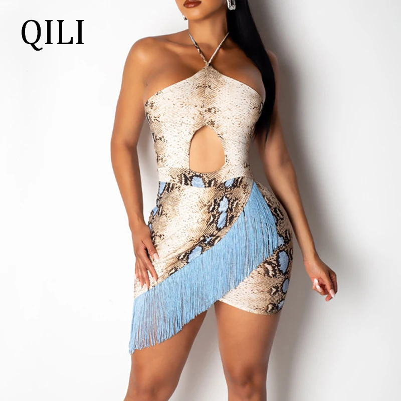 

QILI Sexy Halter Snake Dress Sleeveless Hollow Out Tassel Dresses Asymmetrical Mini Party Club Dress For Women