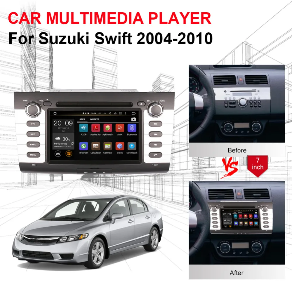 Perfect 7" HD IPS 2 Din Android 9.0 Car Radio DVD Player GPS SWC for Suzuki Swift 2004-2010 with GPS Navigation DVD BT Multimedia Player 2