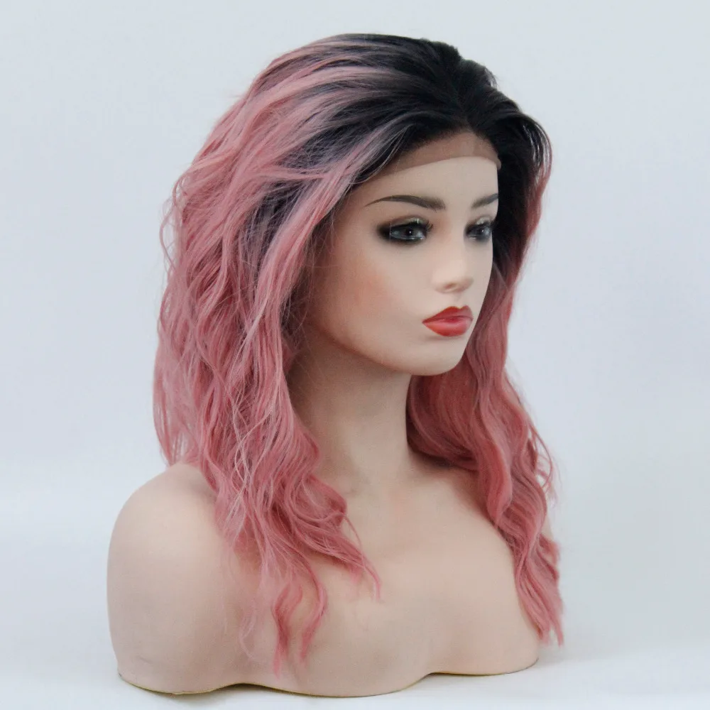 VNICE персиковый цвет короткий боб синтетический парик на кружеве пастельный розовый Омбре черный корни воды волна термостойкие волокна для женщин парик