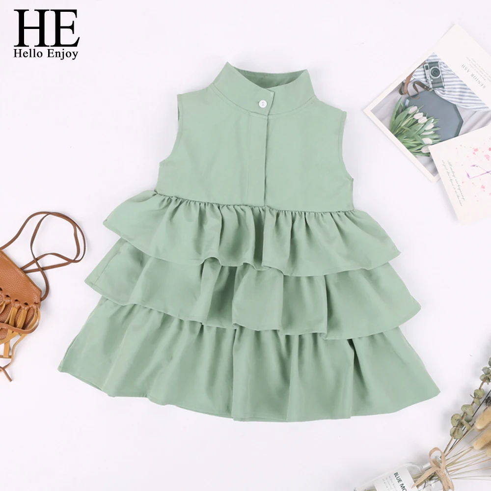 

HE Hello Enjoy Little Girl Dress Baby Children's Clothing Cotton Solid Princess Party Green Ball Gown Layered Dress Kids Clothes
