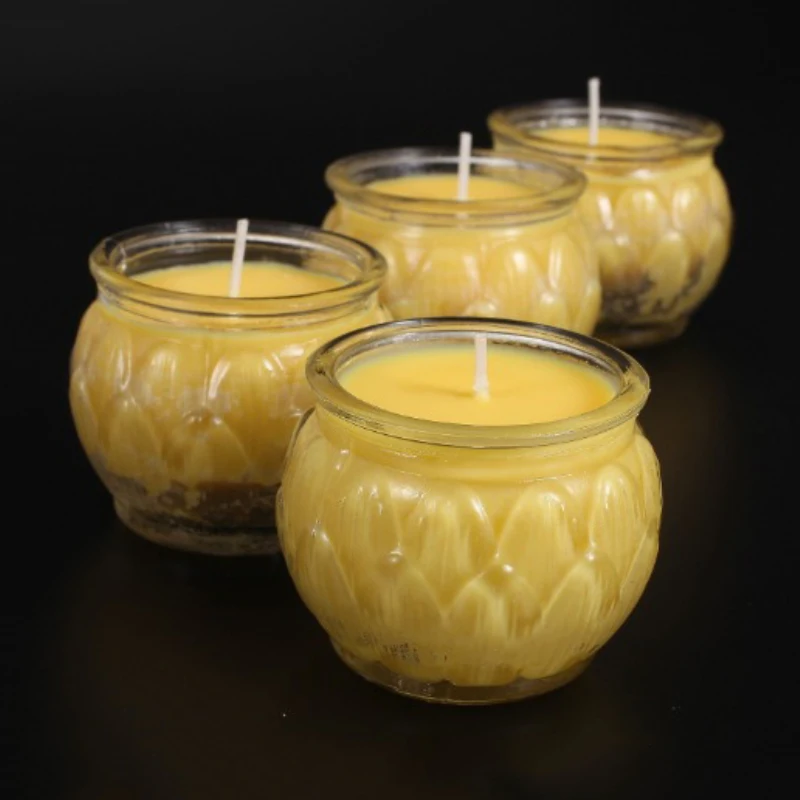 

Natural Smokeless Lotus Shaped Butter Lamp Candles With Glass Cover 6 Pieces Each Set About 22-24 Hours Burning Buddha Supplies