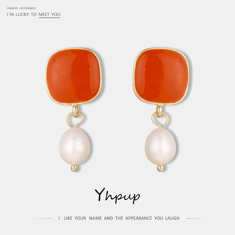 

Yhpup Trendy Korean Simple Design Enamel Dangle Earrings Geometric Natural Pearls Oorbellen for Women Party Office Jewelry New