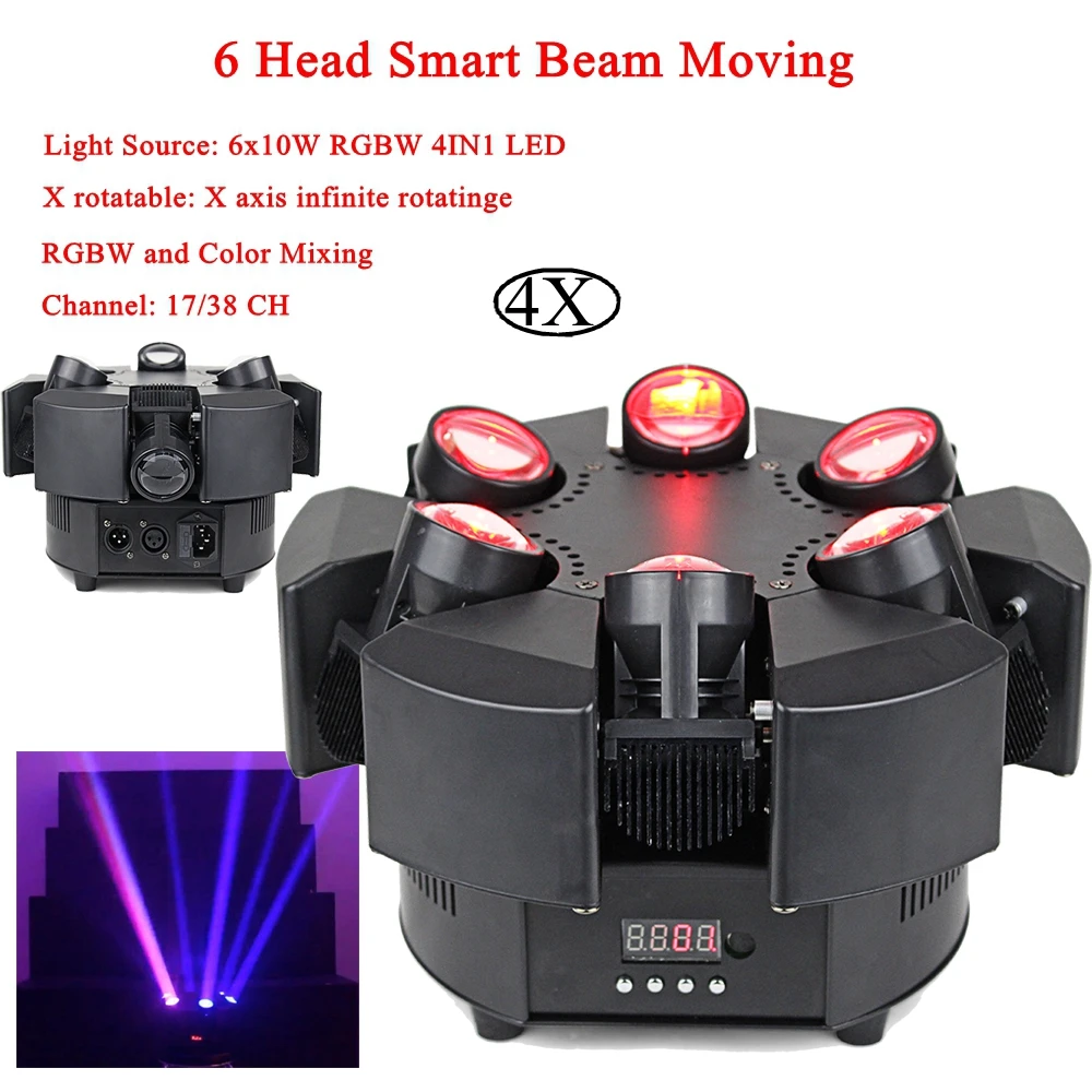 4Pcs/Lot LED 6x10W Smart Beam Moving Head Light RGBW 4in1 DMX Stage Effect Disco Lighting Professionals Wedding | Лампы и освещение