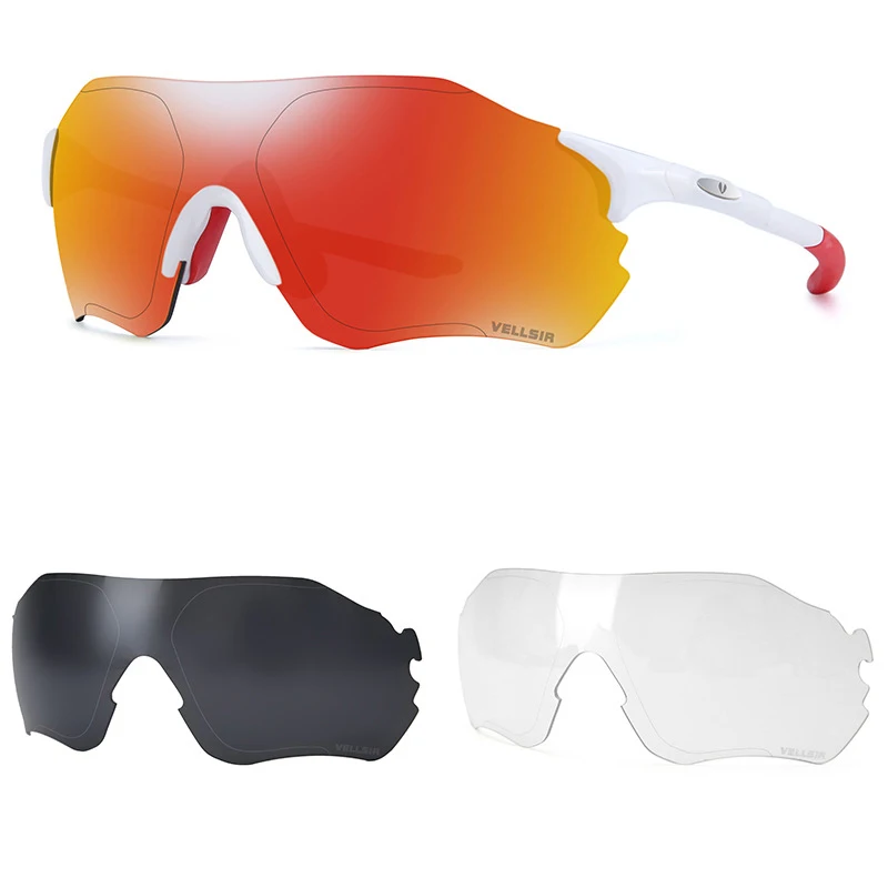 Фотохромные солнцезащитные очки, Авто линзы, 3 линзы, для спорта на открытом воздухе, для велоспорта, Обесцвечивающие очки для мужчин и женщин, MTB, для шоссейного велосипеда, велосипедные очки - Цвет: White Red