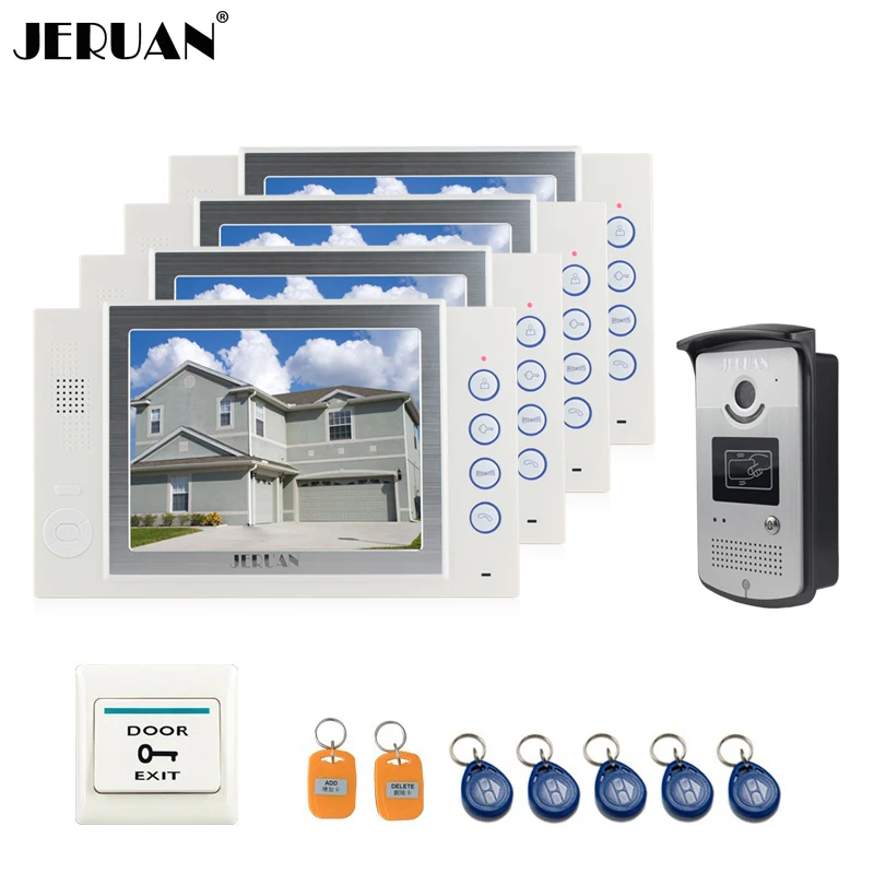 

JERUAN 8`` video door phone doorbell intercom system video recording & photo taking access control system with 5RFID+1EXIT BUTTO