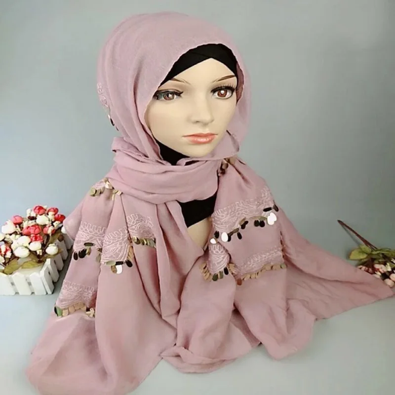 10 шт./лот Для женщин обычный хлопок вискозный шарф шаль Tudung золотые блестки веревки шарф с вышивкой мусульманские хиджабы Длинные Большой начальник шарфы