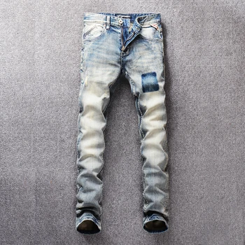 

Vintage Designer Fashion Men's Jeans Light Color Retro Washed Slim Fit Little Elastic Ripped Jeans For Men Classical Jeans homme