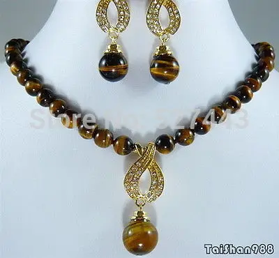 

Wholesale Tigereye Tiger's Eye Opal 18KGP Crystal Pendant Necklace Earrings Set