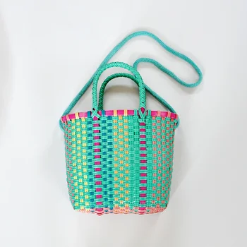 

2019 New Sweet Bucket Type Color-shaped Plastic Woven Bag Oblique Cross Handbag