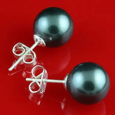 

hot sell new - Free shipping 12mm Sterling Silver Saltwater Black Shell Pearl Stud Earrings