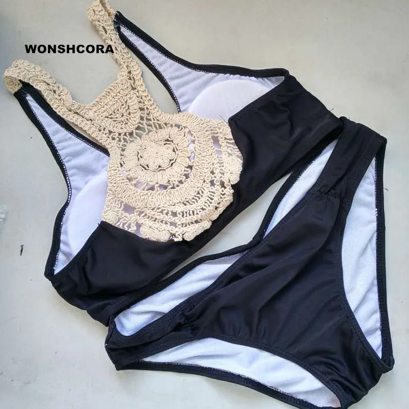 

2017 Sexy Women Bikini Set Fashion Hook Flower Triangle Women's Swimming Trunks Green Black Swimwear Swimsuit Floral Bikinis