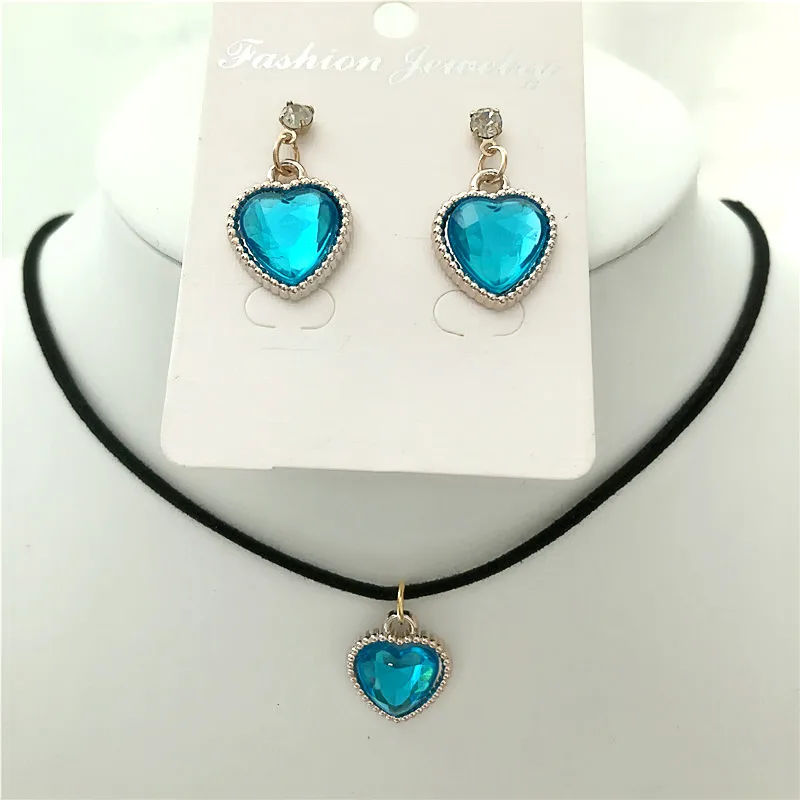Черный, бархатный, кожаный Bijoux винтажный милый чокер с сердечком ожерелье/Висячие серьги для женщин модные ювелирные наборы подарок - Окраска металла: light blue