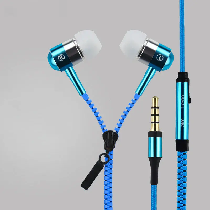 50pcs zipper earphones 3.5mm jack in-ear earphone with microphone cremallera headset head phone for iphone wired mobile Earbuds