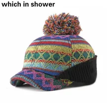 Модная вязаная женская кепка с геометрическим рисунком, Толстая теплая зимняя женская бейсбольная кепка с помпоном, Кепка с ушками