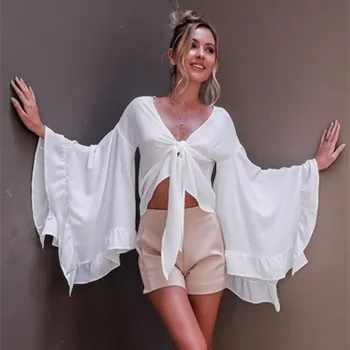 

Womens Chiffon Blouses Summer Chalaza V Lead Horn Long Sleeve Shirt